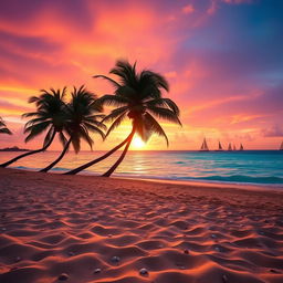 A serene beach at dusk with a deep orange and pink sky, shimmering turquoise waters, and gently swaying palm trees