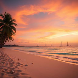 A serene beach at dusk with a deep orange and pink sky, shimmering turquoise waters, and gently swaying palm trees