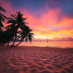 A serene beach at dusk with a deep orange and pink sky, shimmering turquoise waters, and gently swaying palm trees