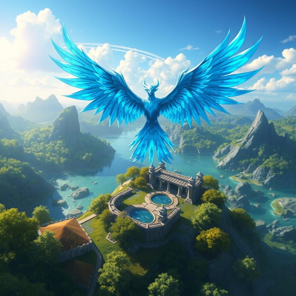 Anivia soaring majestically in the sky above the Summoner's Rift, with the iconic Ancient Ruins and crystal clear waters below