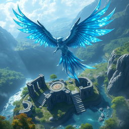 Anivia soaring majestically in the sky above the Summoner's Rift, with the iconic Ancient Ruins and crystal clear waters below