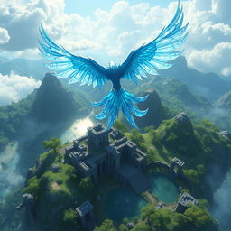 Anivia soaring majestically in the sky above the Summoner's Rift, with the iconic Ancient Ruins and crystal clear waters below