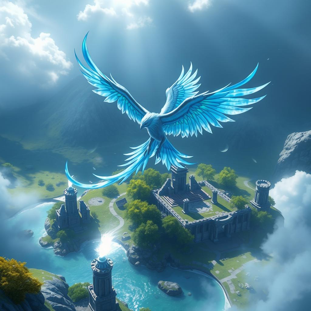 Anivia soaring majestically in the sky above the Summoner's Rift, with the iconic Ancient Ruins and crystal clear waters below