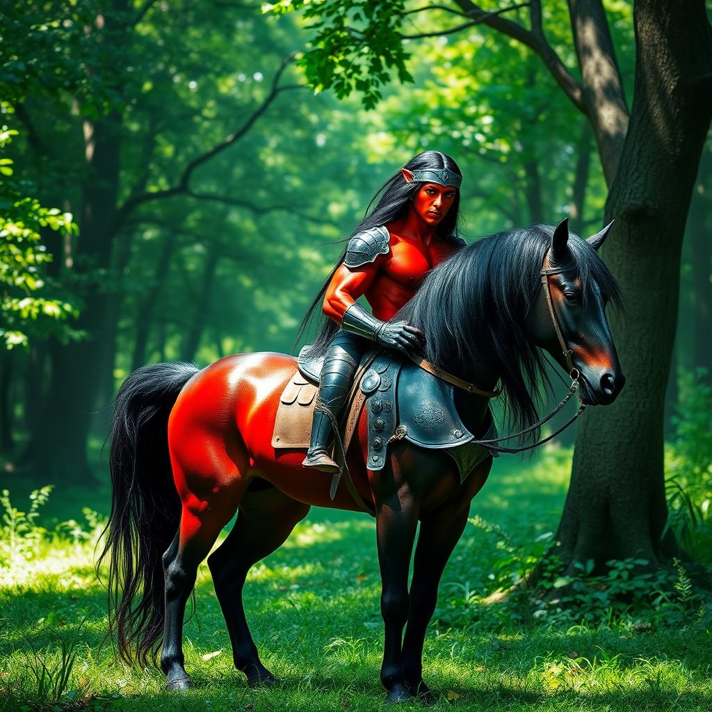 a majestic male centaur with striking red skin and long flowing black hair, wearing gleaming steel armor that highlights his muscular form, with the horse half of his body being a sleek, glossy black, standing proudly in a lush green forest clearing, sunlight filtering through the canopy creating a mystical atmosphere