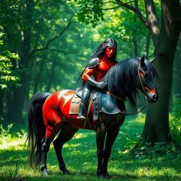 a majestic male centaur with striking red skin and long flowing black hair, wearing gleaming steel armor that highlights his muscular form, with the horse half of his body being a sleek, glossy black, standing proudly in a lush green forest clearing, sunlight filtering through the canopy creating a mystical atmosphere