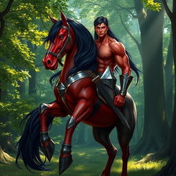 a majestic male centaur with striking red skin and long flowing black hair, wearing gleaming steel armor that highlights his muscular form, with the horse half of his body being a sleek, glossy black, standing proudly in a lush green forest clearing, sunlight filtering through the canopy creating a mystical atmosphere