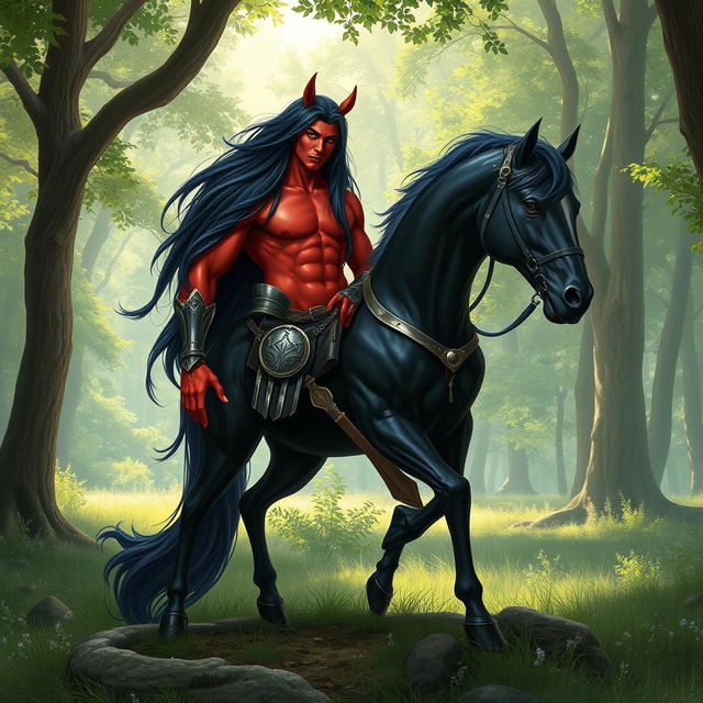 a majestic male centaur with striking red skin and long flowing black hair, wearing gleaming steel armor that highlights his muscular form, with the horse half of his body being a sleek, glossy black, standing proudly in a lush green forest clearing, sunlight filtering through the canopy creating a mystical atmosphere