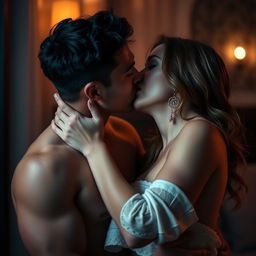 A couple sharing a passionate kiss in an intimate setting, with an emphasis on the expression of love and tenderness