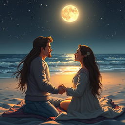 A romantic and intimate scene depicting two lovers holding hands while gazing into each other's eyes under a canopy of stars