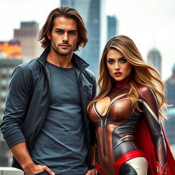 A handsome ordinary man standing confidently beside a super hero woman with an alluring and sexy appearance