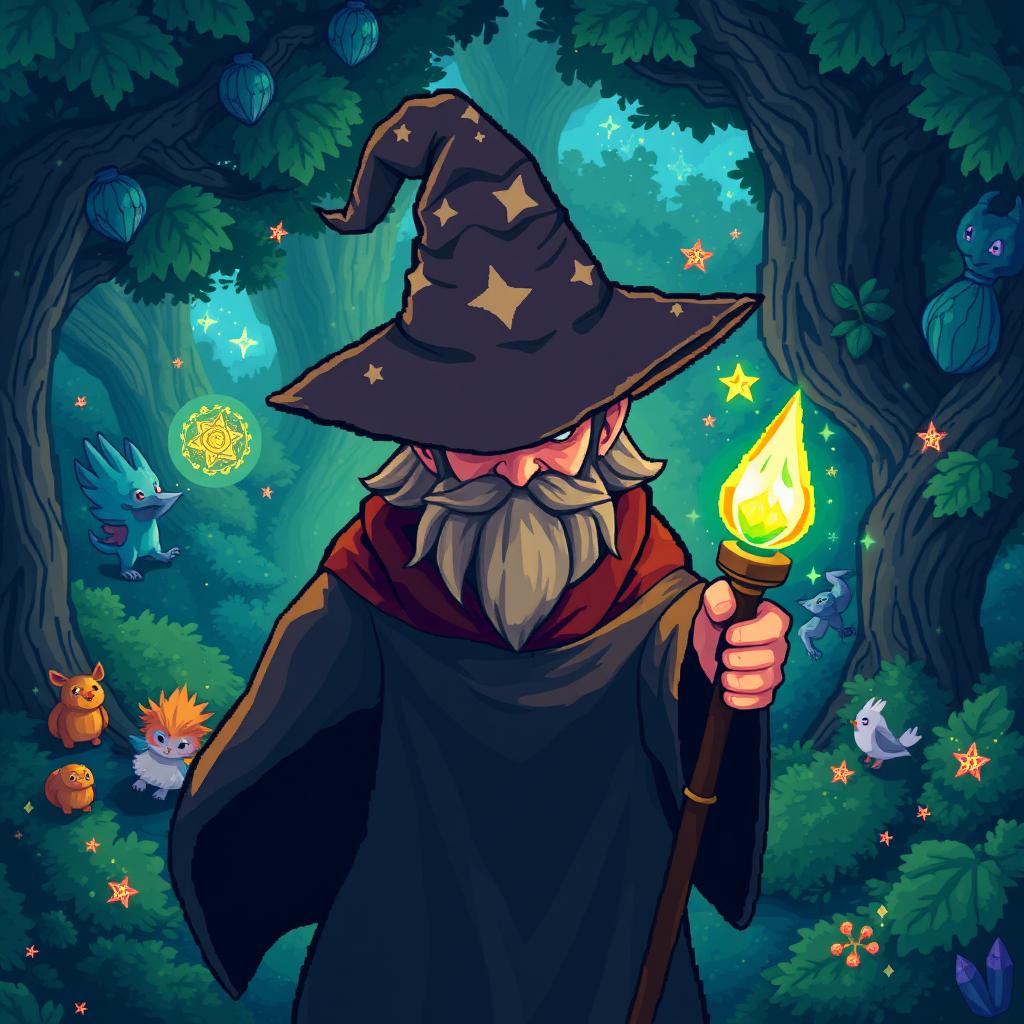 A pixel art character of a wizard seen from a top-down perspective