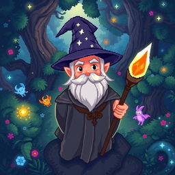 A pixel art character of a wizard seen from a top-down perspective