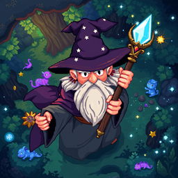 A pixel art character of a wizard seen from a top-down perspective