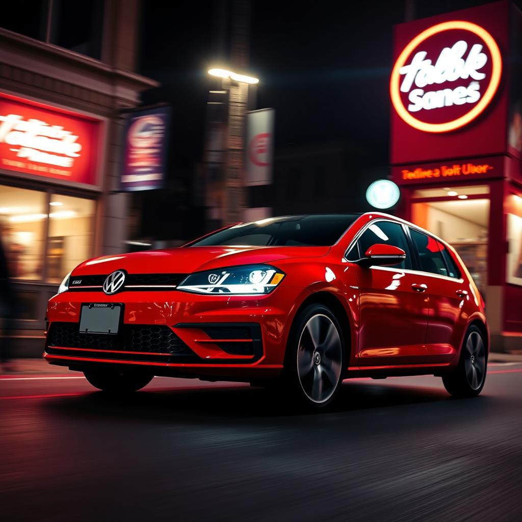 A stylish red Volkswagen Golf 6 cruising through a dimly lit urban environment at night