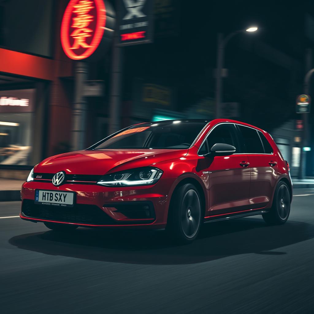 A stylish red Volkswagen Golf 6 cruising through a dimly lit urban environment at night