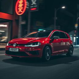 A stylish red Volkswagen Golf 6 cruising through a dimly lit urban environment at night