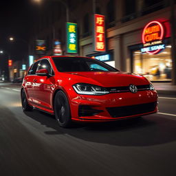 A stylish red Volkswagen Golf 6 cruising through a dimly lit urban environment at night