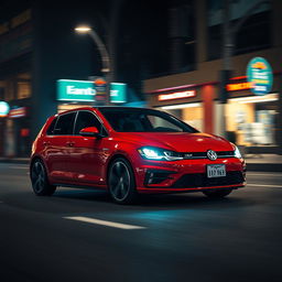 A stylish red Volkswagen Golf 6 cruising through a dimly lit urban environment at night