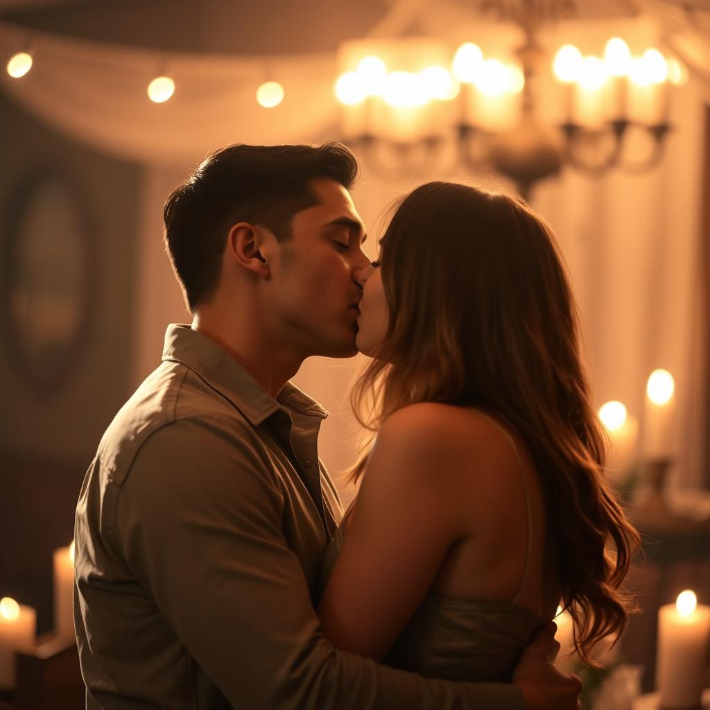 A couple engaged in a passionate, romantic kiss in a softly lit setting