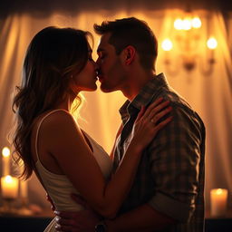 A couple engaged in a passionate, romantic kiss in a softly lit setting