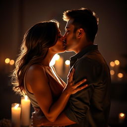 A couple engaged in a passionate, romantic kiss in a softly lit setting