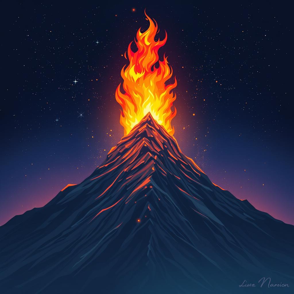 Vibrant illustration of a blazing fire atop a majestic mountain peak