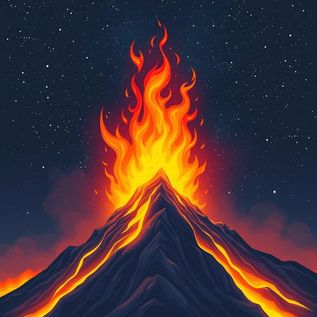 Vibrant illustration of a blazing fire atop a majestic mountain peak