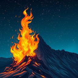 Vibrant illustration of a blazing fire atop a majestic mountain peak