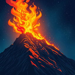 Vibrant illustration of a blazing fire atop a majestic mountain peak