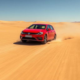 A striking red Volkswagen Golf V with the S-Line package driving across an expansive desert landscape