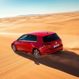 A striking red Volkswagen Golf V with the S-Line package driving across an expansive desert landscape