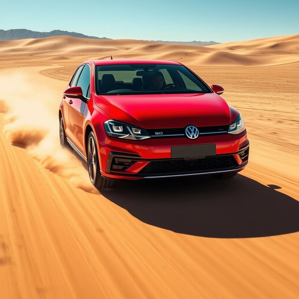 A striking red Volkswagen Golf V with the S-Line package driving across an expansive desert landscape