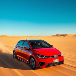 A striking red Volkswagen Golf V with the S-Line package driving across an expansive desert landscape