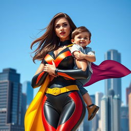 A confident and strong superheroine with a sexy allure, wearing a sleek and form-fitting costume with bold colors and a flowing cape, tenderly carrying a young boy in her arms