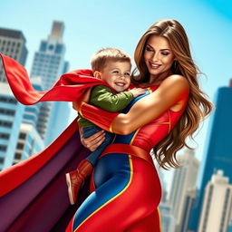 A confident and strong superheroine with a sexy allure, wearing a sleek and form-fitting costume with bold colors and a flowing cape, tenderly carrying a young boy in her arms