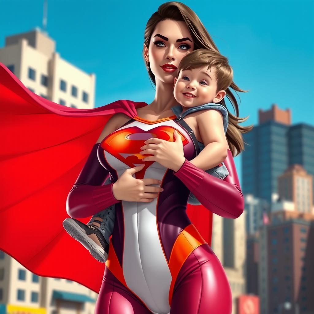 A confident and strong superheroine with a sexy allure, wearing a sleek and form-fitting costume with bold colors and a flowing cape, tenderly carrying a young boy in her arms