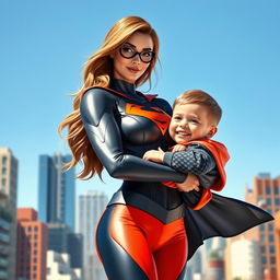 A confident and strong superheroine with a sexy allure, wearing a sleek and form-fitting costume with bold colors and a flowing cape, tenderly carrying a young boy in her arms