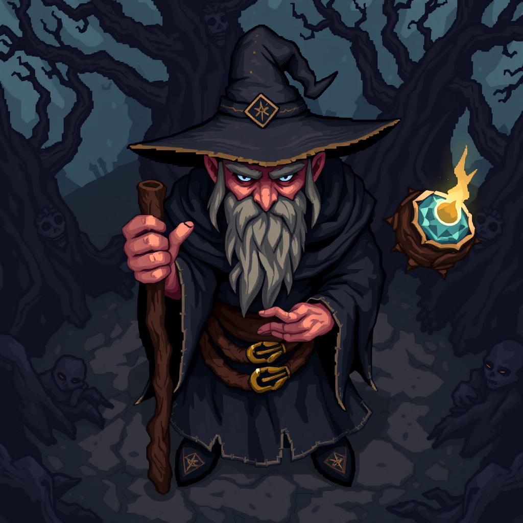 A dark fantasy-style pixel art character of a wizard designed for a "Top Down" game perspective