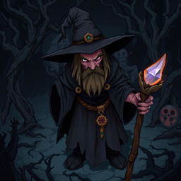 A dark fantasy-style pixel art character of a wizard designed for a "Top Down" game perspective