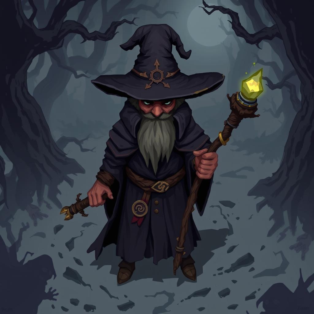 A dark fantasy-style pixel art character of a wizard designed for a "Top Down" game perspective