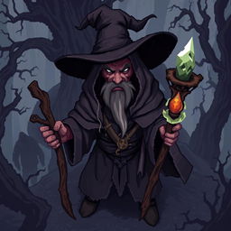 A dark fantasy-style pixel art character of a wizard designed for a "Top Down" game perspective