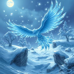 Anivia, the Cryophoenix, soaring majestically amidst a snow-covered Summoner's Rift landscape