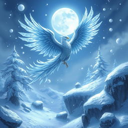 Anivia, the Cryophoenix, soaring majestically amidst a snow-covered Summoner's Rift landscape