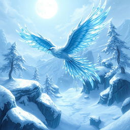 Anivia, the Cryophoenix, soaring majestically amidst a snow-covered Summoner's Rift landscape