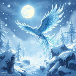 Anivia, the Cryophoenix, soaring majestically amidst a snow-covered Summoner's Rift landscape