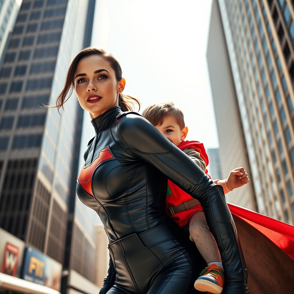 A heroic and confident woman with striking features, wearing a sleek superhero costume, carrying a mischievous young boy playfully on her back