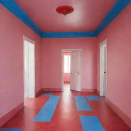 A room with pink walls, a blue floor, and a red ceiling