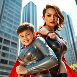 A heroic and confident woman with striking features, wearing a sleek superhero costume, carrying a mischievous young boy playfully on her back