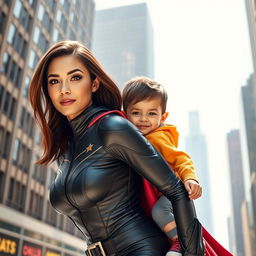 A heroic and confident woman with striking features, wearing a sleek superhero costume, carrying a mischievous young boy playfully on her back