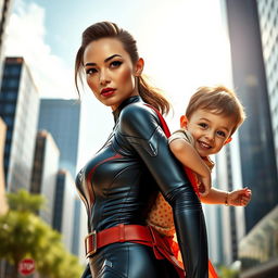 A heroic and confident woman with striking features, wearing a sleek superhero costume, carrying a mischievous young boy playfully on her back